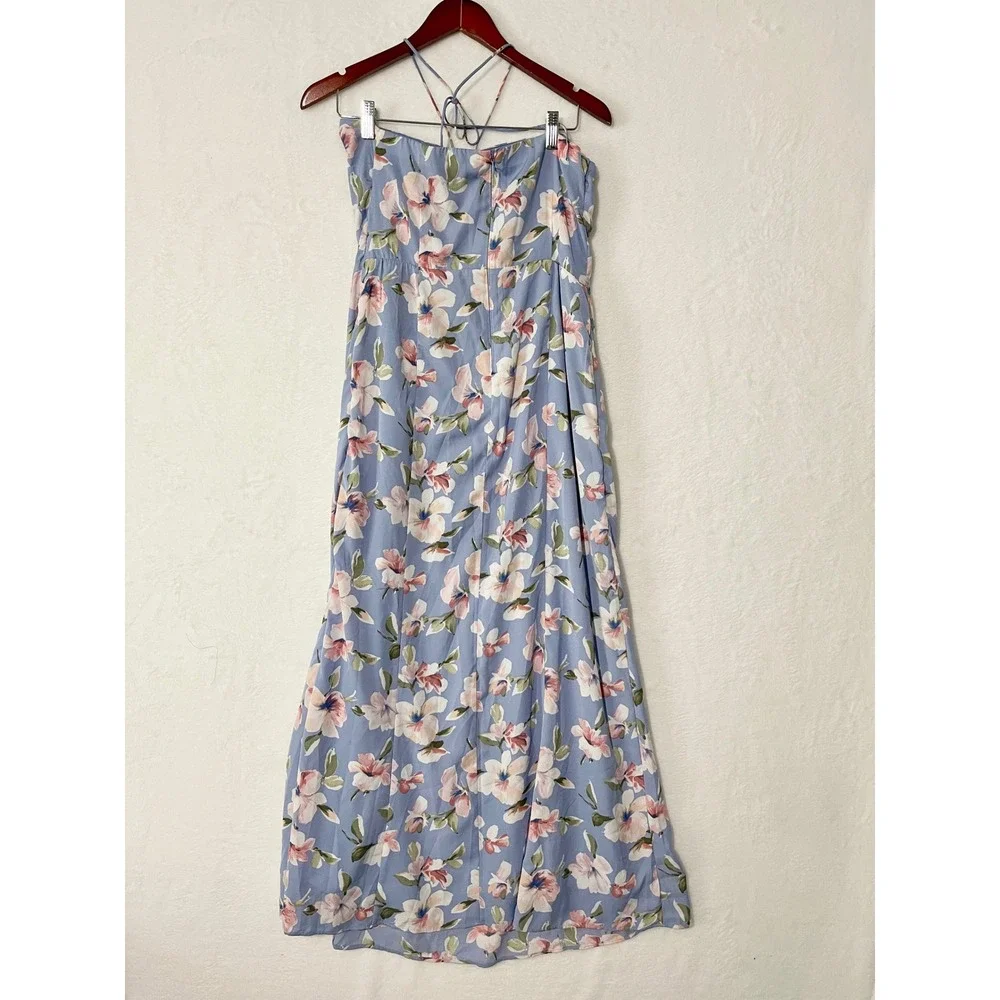 Abercrombie & Fitch Blue Floral Halter Maxi Dress Keyhole Large Tall Feminine